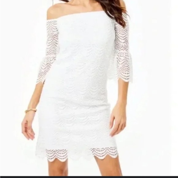 Lilly Pulitzer Lexa white lace Scalloped Stretch 
Lace Off Shoulder Dress XL - Picture 1 of 7